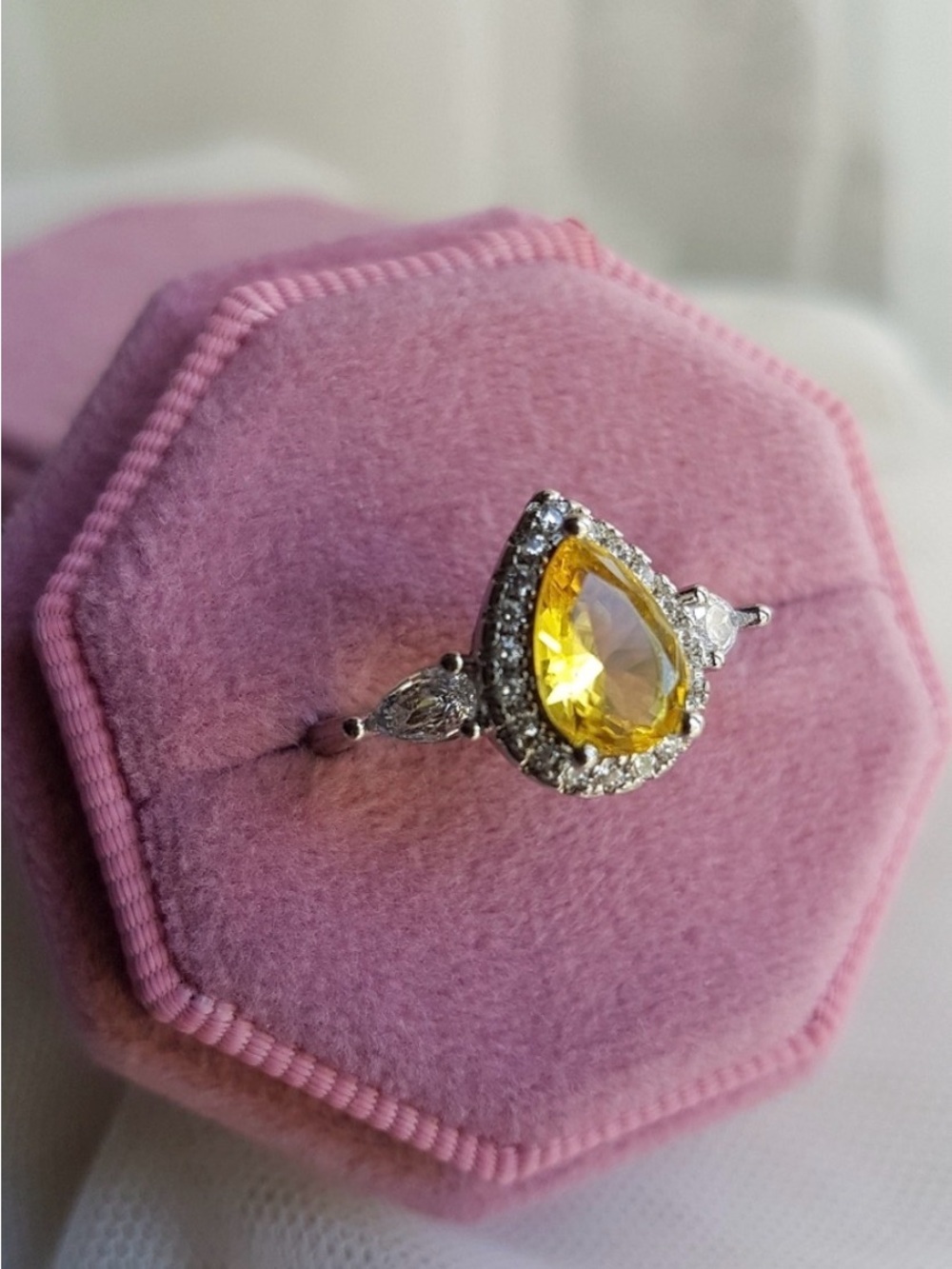 Swarovski Elements 925 Sterling Silver Citrine Yellow Teardrop Ring NEW